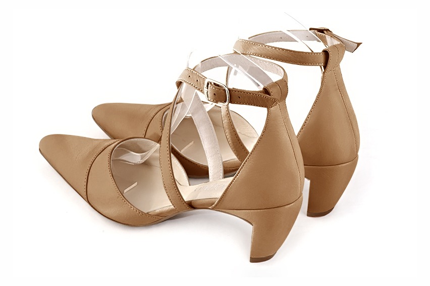 Camel beige women's open side shoes, with crossed straps. Tapered toe. Medium comma heels. Rear view - Florence KOOIJMAN